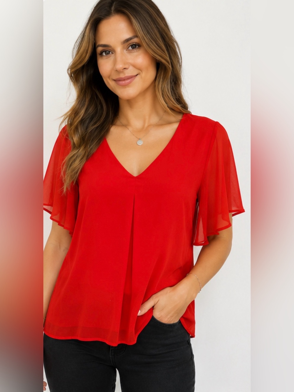 Banana Republic Red Chiffon Flutter Sleeve Blouse – Size M